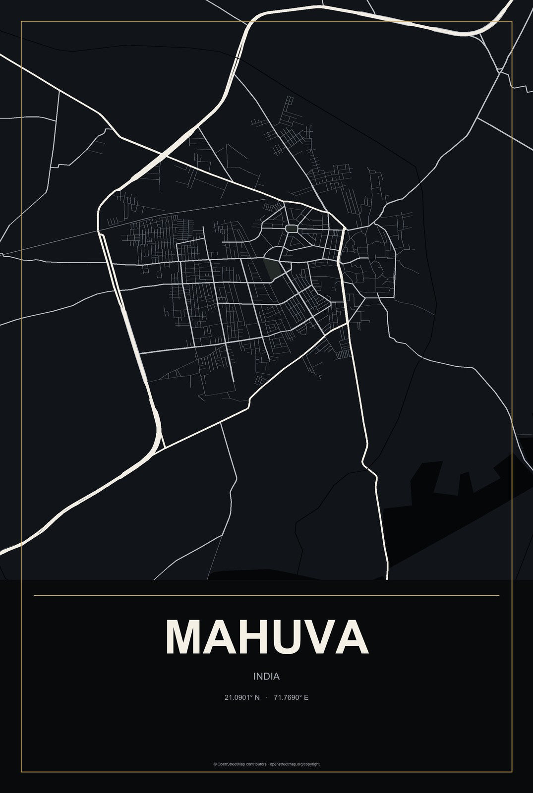 Mahuva, India City Map Aluminum Sign in Metropolitan Noir style