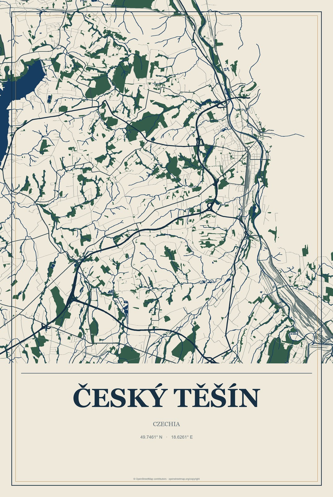 Český Těšín, Czechia City Map Aluminum Sign in Coastal Cutout style