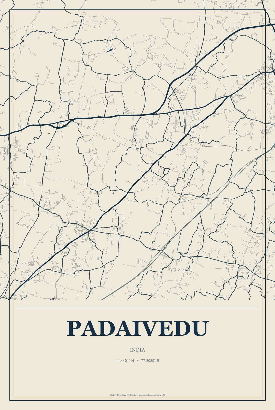 Padaivedu, India City Map Aluminum Sign in Coastal Cutout style