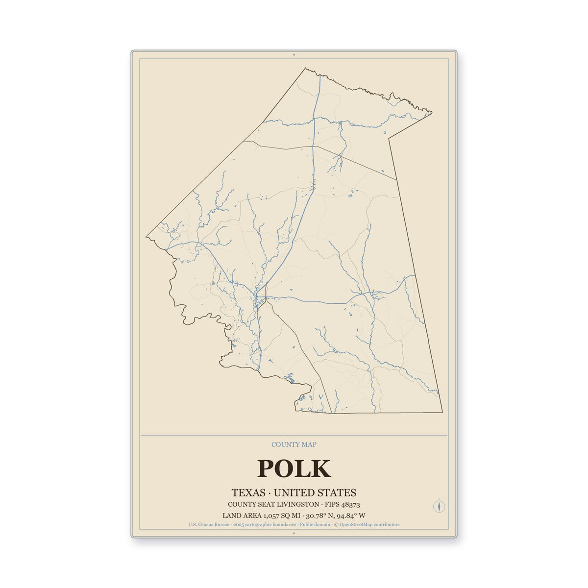Polk County, Texas Map Aluminum Sign in Heritage Nautical style