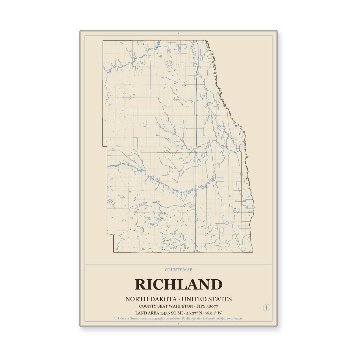 Richland County, North Dakota Map Aluminum Sign in Heritage Nautical style