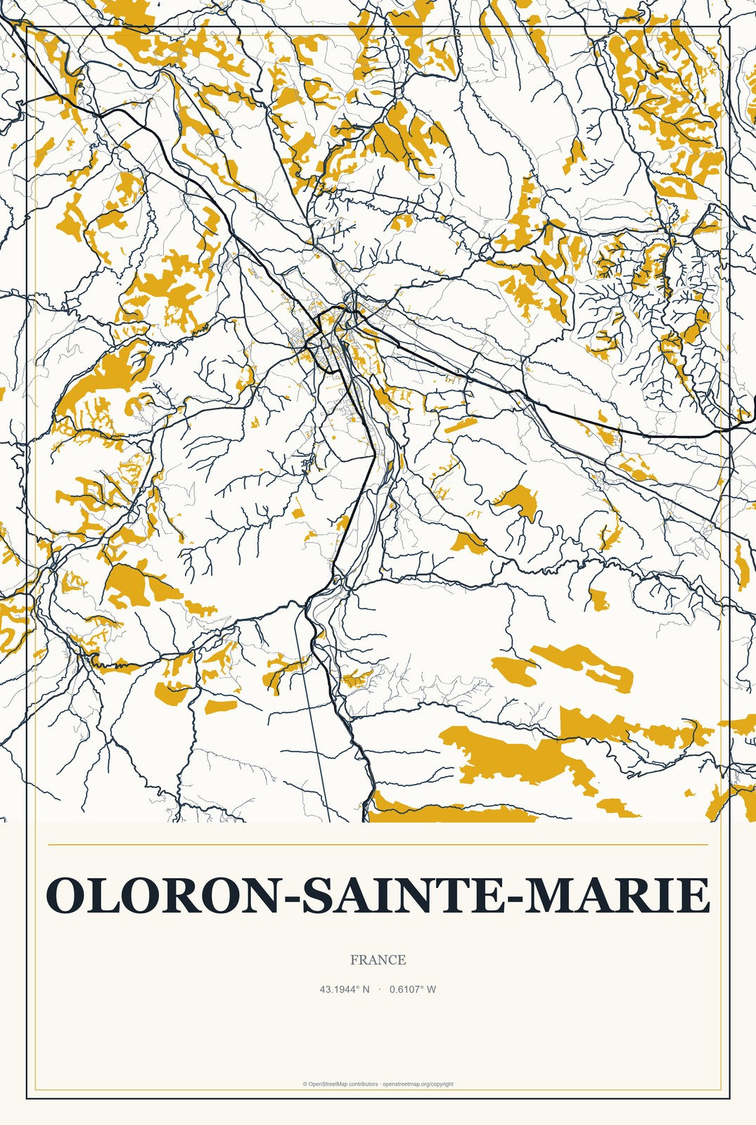 Oloron-Sainte-Marie, France City Map Aluminum Sign in Citrine Modern style