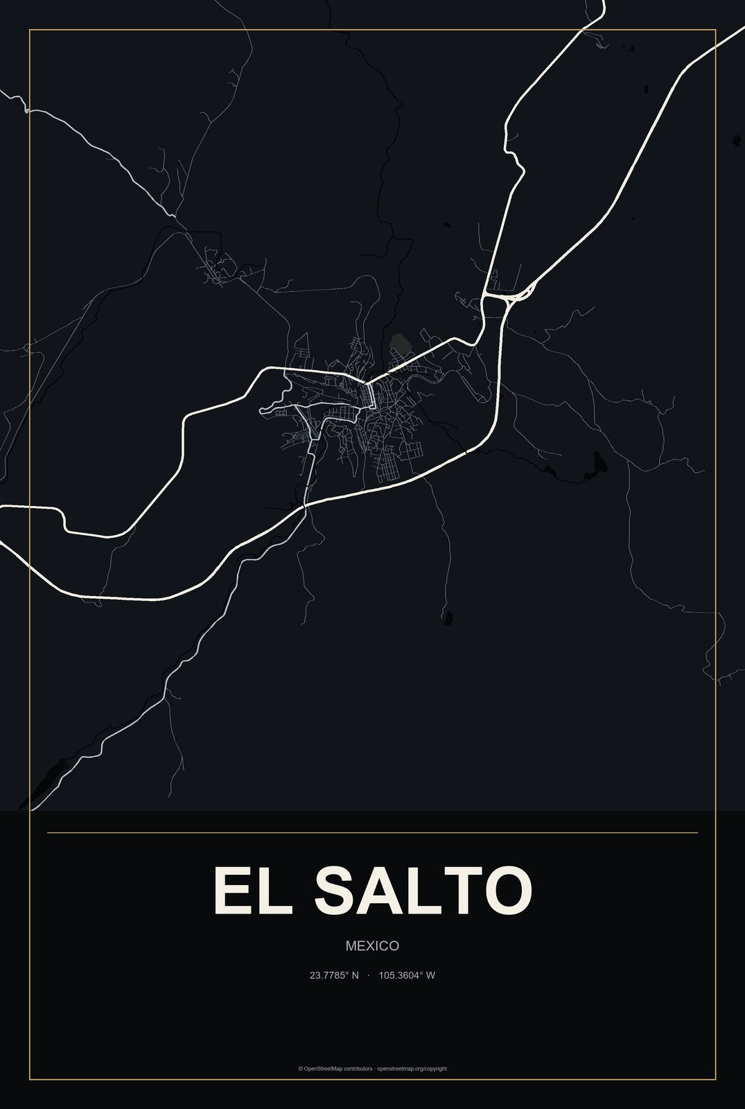 El Salto, Durango, Mexico City Map Aluminum Sign in Metropolitan Noir style