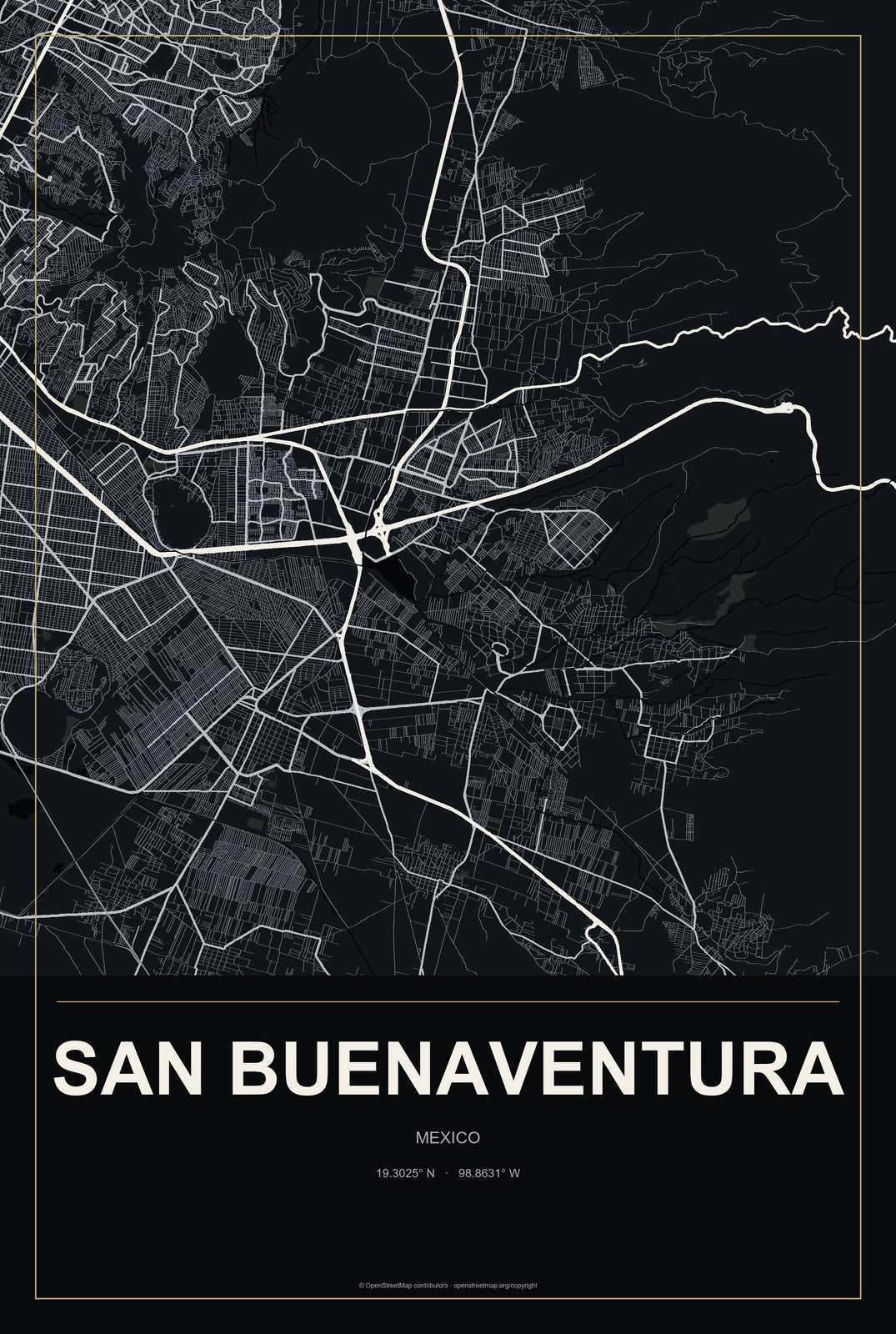 San Buenaventura, Coahuila, Mexico City Map Aluminum Sign in Metropolitan Noir style