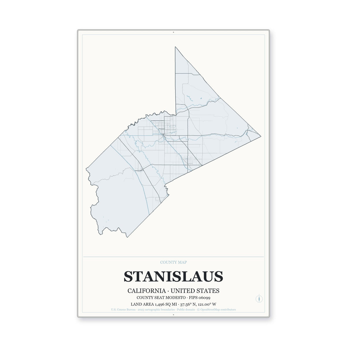 Stanislaus County, California Map Aluminum Sign in Gallery Air style