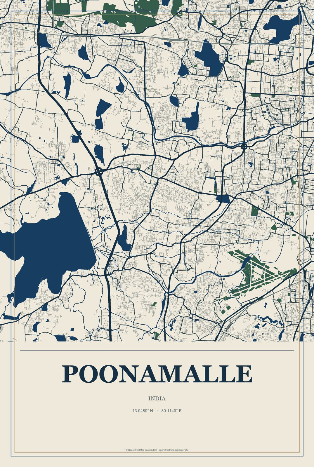 Poonamalle, India City Map Aluminum Sign in Coastal Cutout style