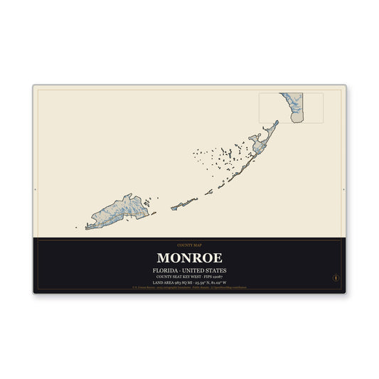 Monroe County, Florida Map Aluminum Sign in Museum Plaque style