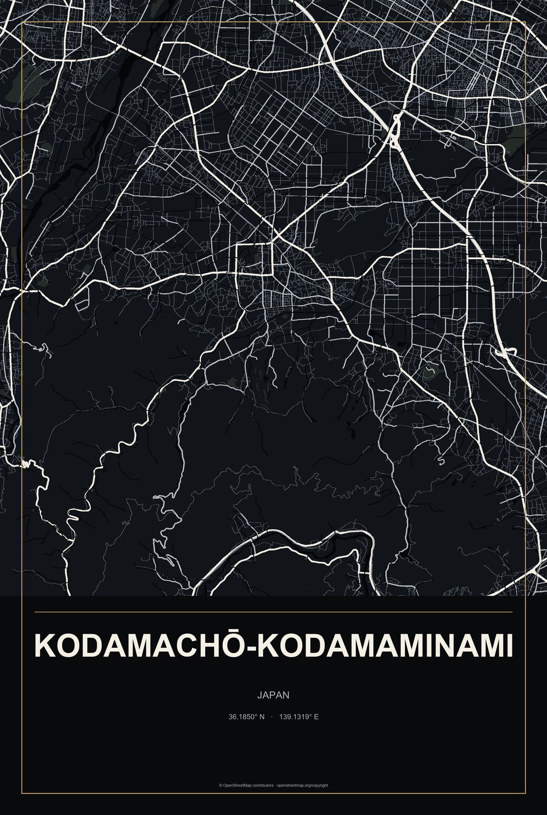Kodamachō-kodamaminami, Japan City Map Aluminum Sign in Metropolitan Noir style