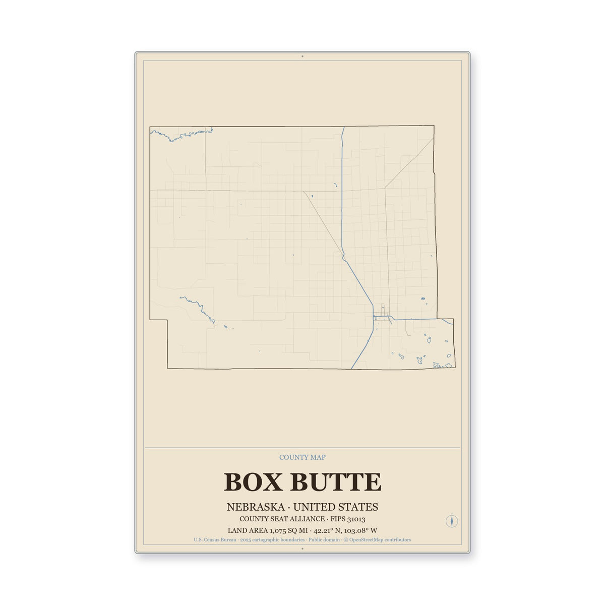 Box Butte County, Nebraska Map Aluminum Sign in Heritage Nautical style