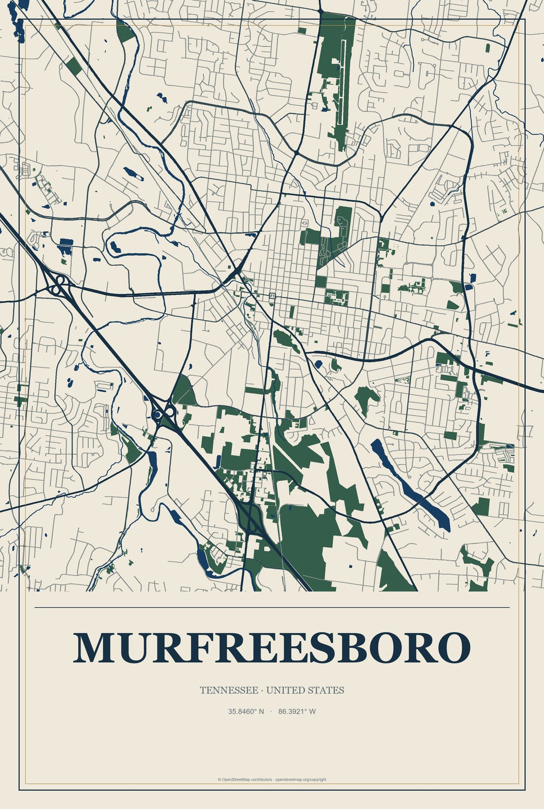 Murfreesboro, Tennessee City Map Aluminum Sign in Coastal Cutout style