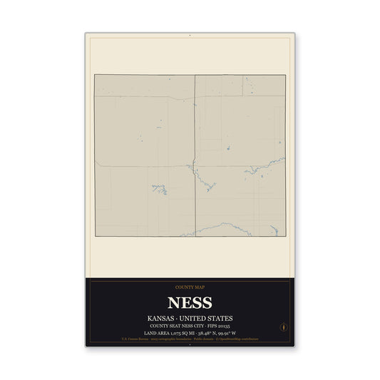 Ness County, Kansas Map Aluminum Sign in Museum Plaque style