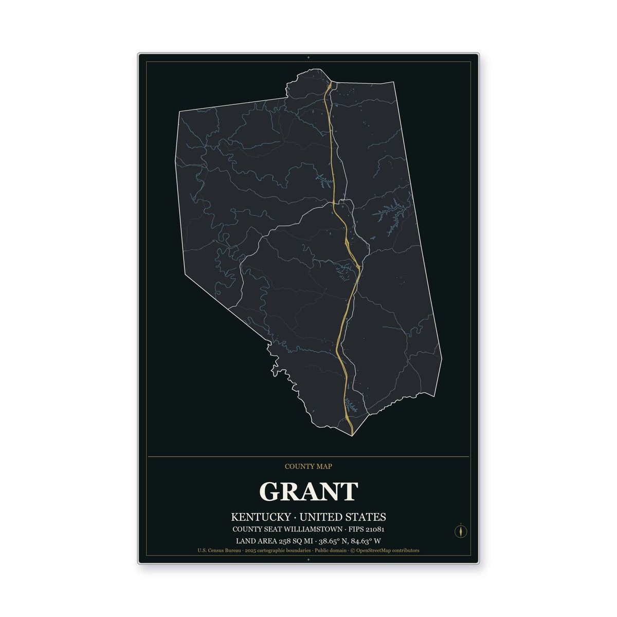 Grant County, Kentucky Map Aluminum Sign in Metropolitan Noir style