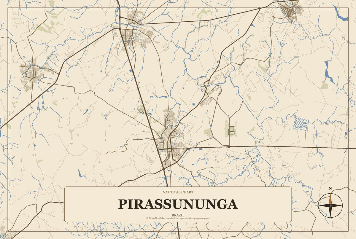 Pirassununga, Brazil City Map Aluminum Sign in Heritage Nautical style