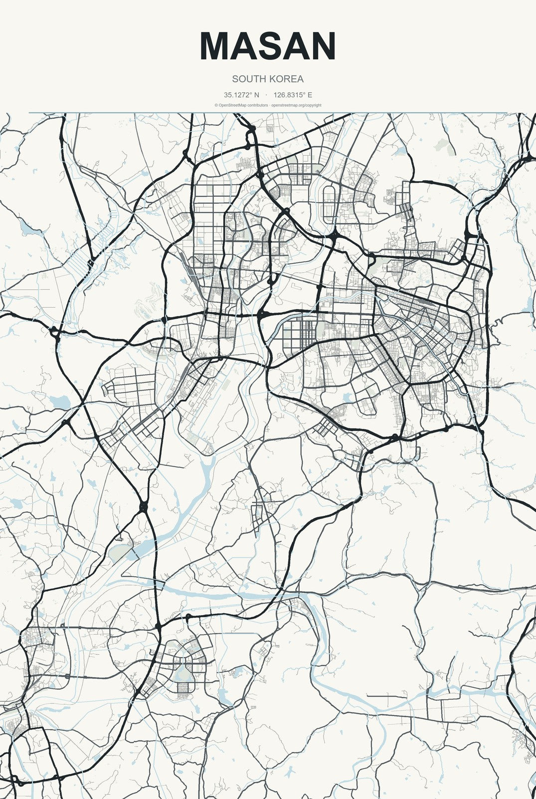 Masan, South Korea City Map Aluminum Sign in Headline Atlas style