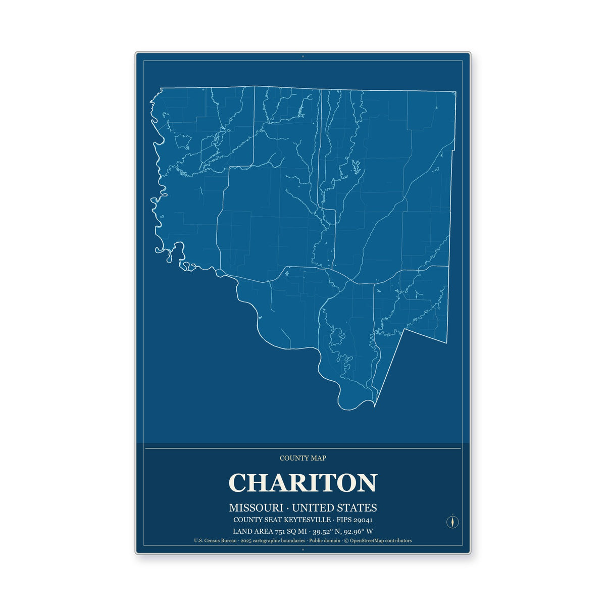 Chariton County, Missouri Map Aluminum Sign in Harbor Cobalt style