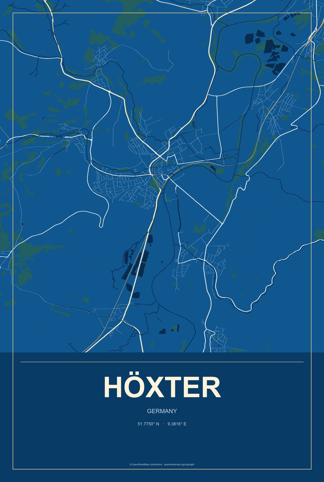 Höxter, Germany City Map Aluminum Sign in Harbor Cobalt style