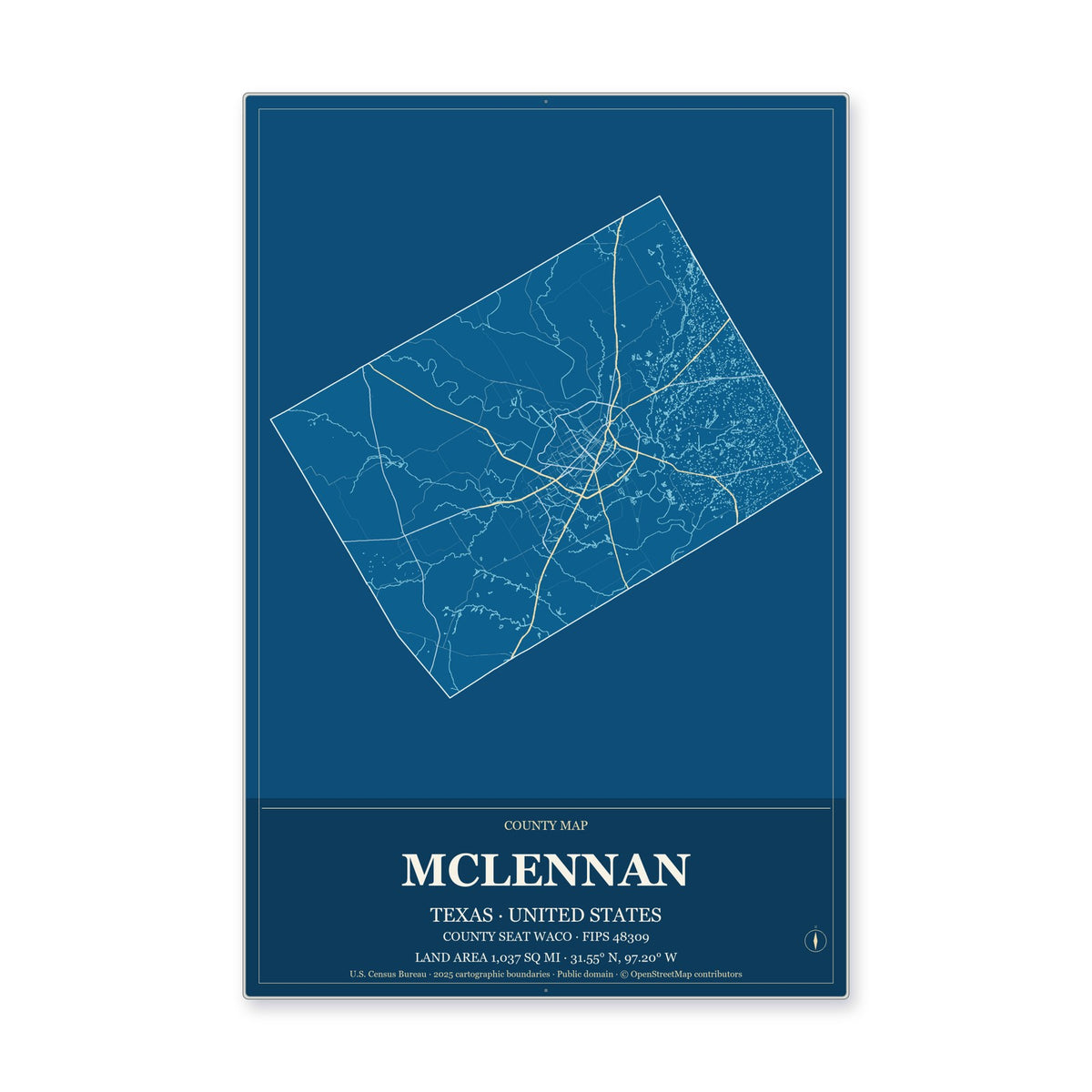 McLennan County, Texas Map Aluminum Sign in Harbor Cobalt style