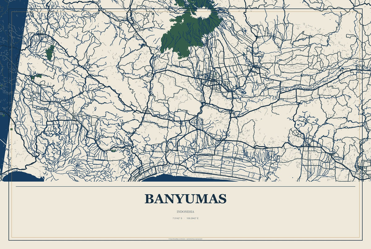 Banyumas, Indonesia City Map Aluminum Sign in Coastal Cutout style