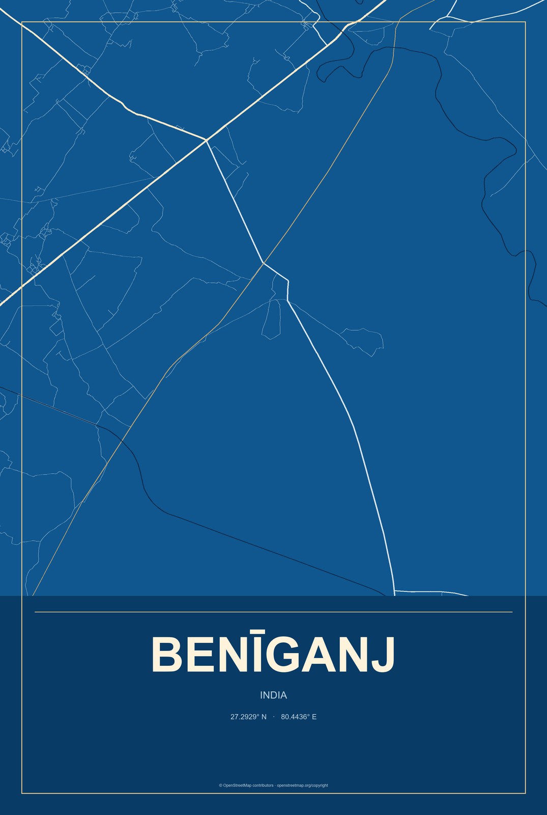 Benīganj, India City Map Aluminum Sign in Harbor Cobalt style