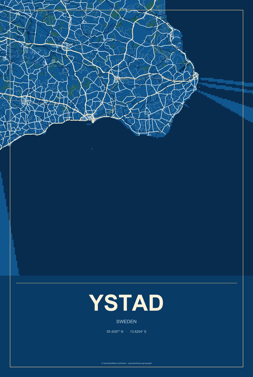 Ystad, Sweden City Map Aluminum Sign in Harbor Cobalt style