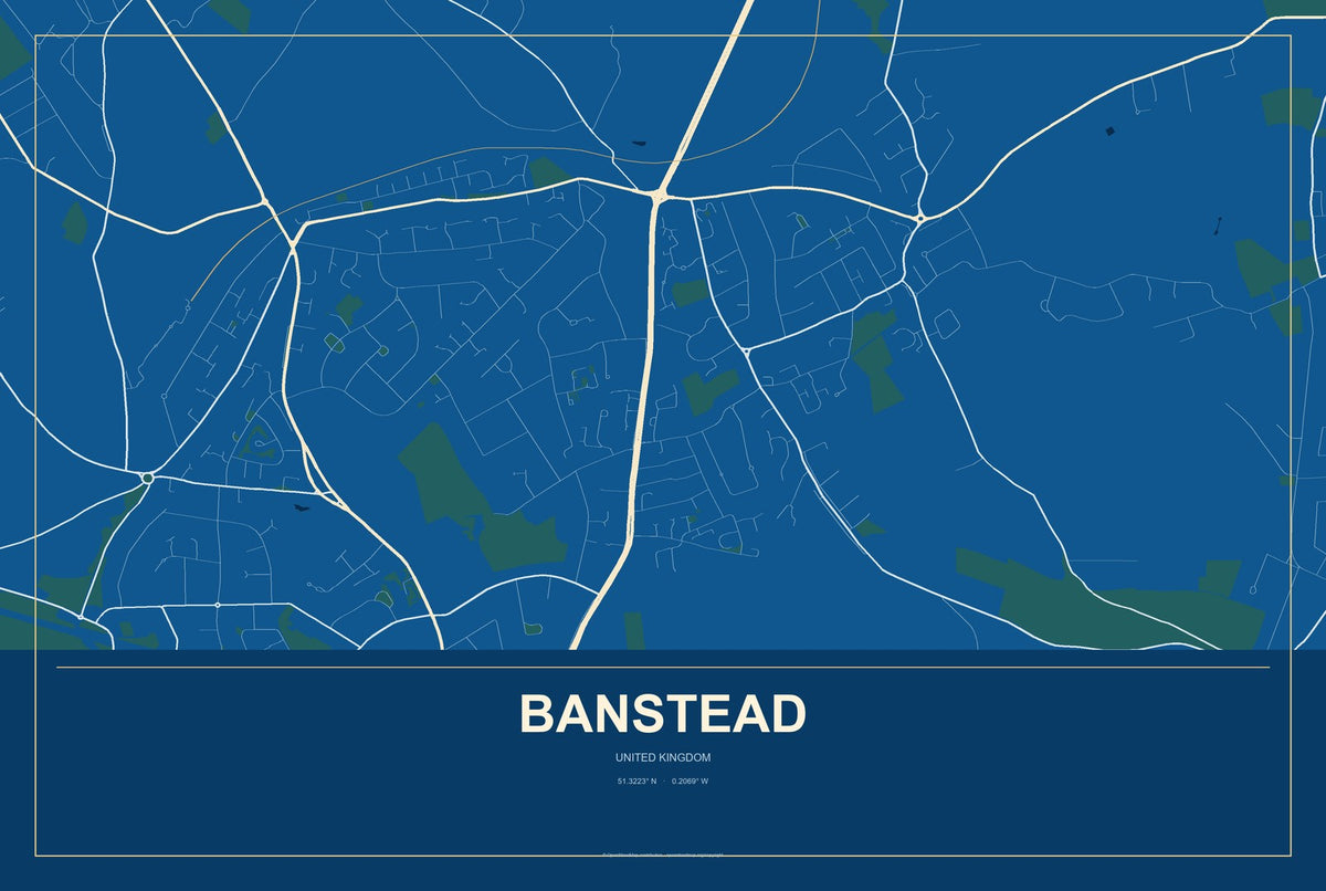 Banstead, United Kingdom City Map Aluminum Sign in Harbor Cobalt style