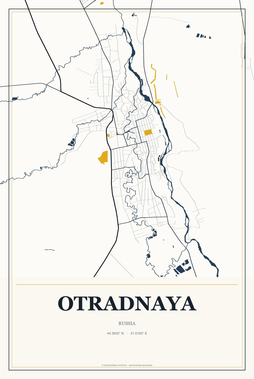 Otradnaya, Russia City Map Aluminum Sign in Citrine Modern style