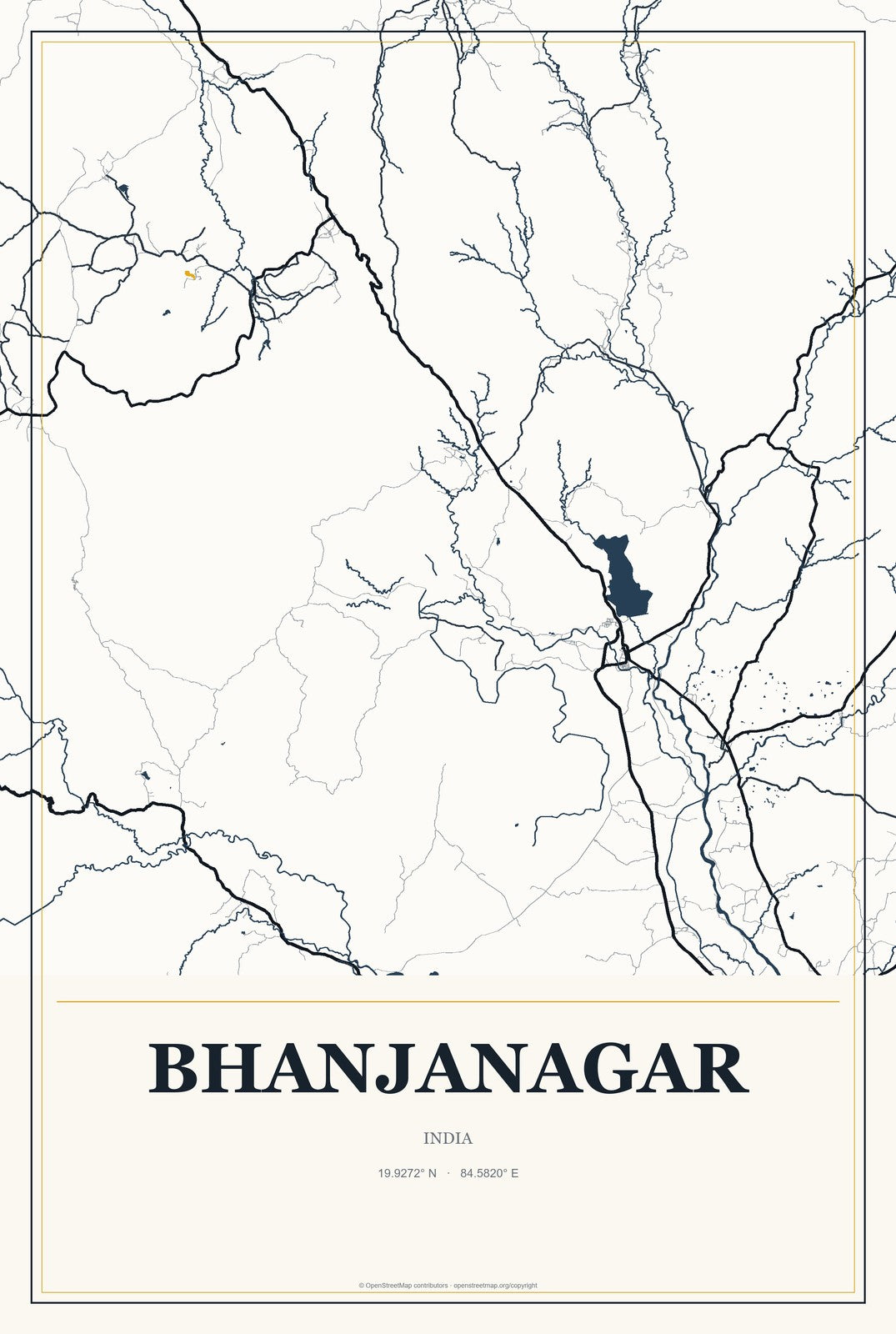 Bhanjanagar, India City Map Aluminum Sign in Citrine Modern style