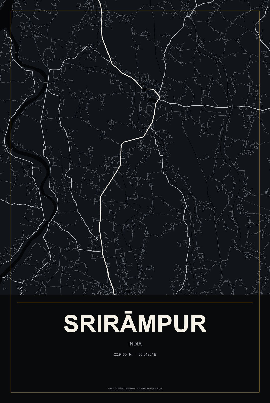 Srirāmpur, India City Map Aluminum Sign in Metropolitan Noir style