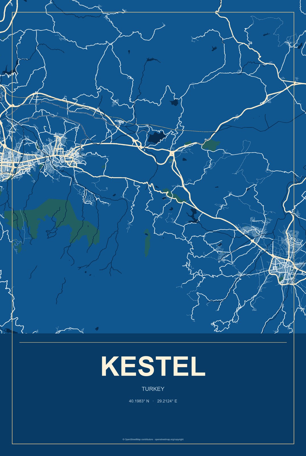 Kestel, Antalya, Turkey City Map Aluminum Sign in Harbor Cobalt style