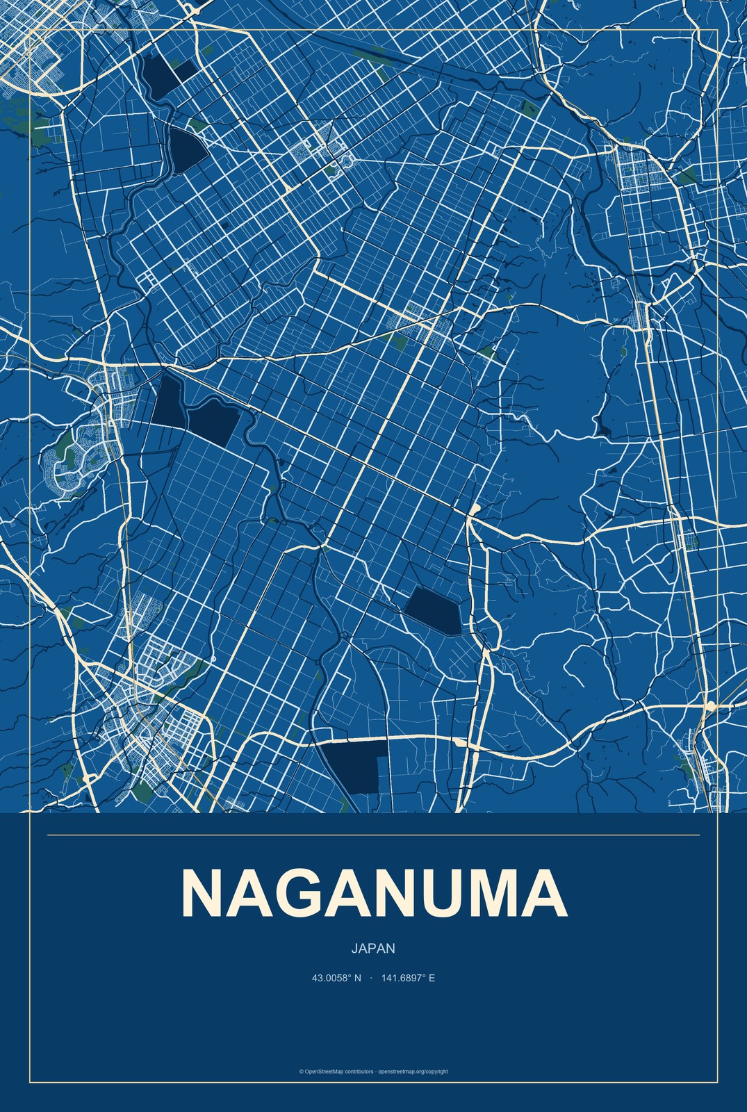 Naganuma, Japan City Map Aluminum Sign in Harbor Cobalt style