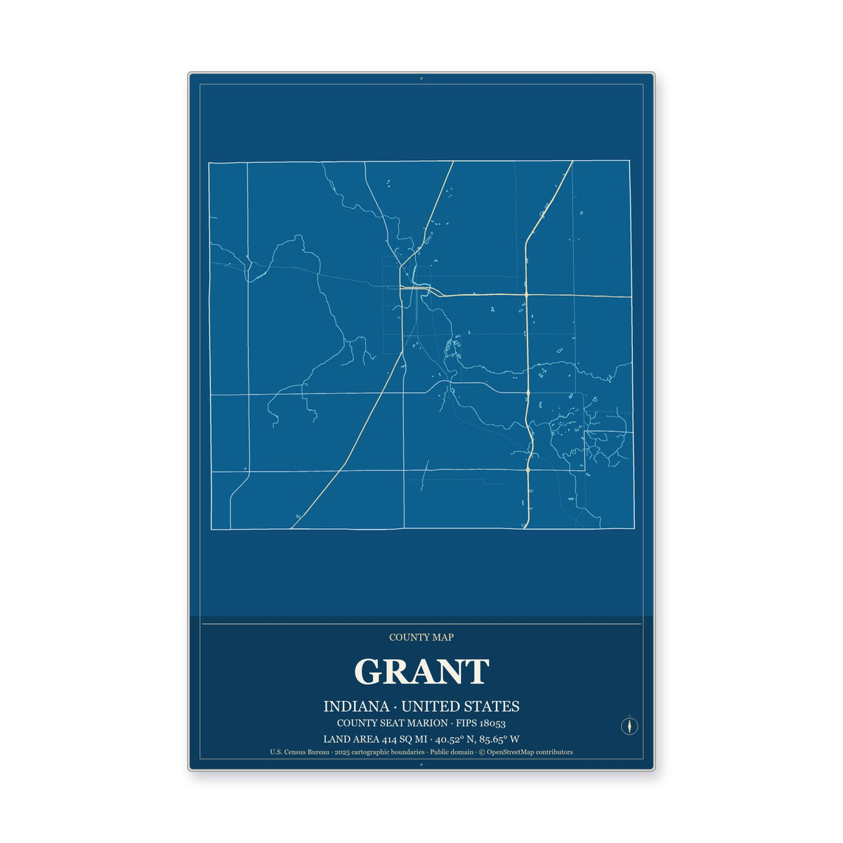Grant County, Indiana Map Aluminum Sign in Harbor Cobalt style