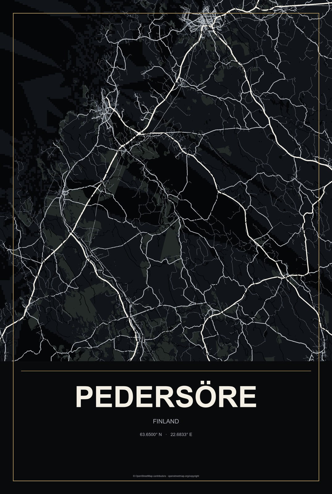 Pedersöre, Finland City Map Aluminum Sign in Metropolitan Noir style