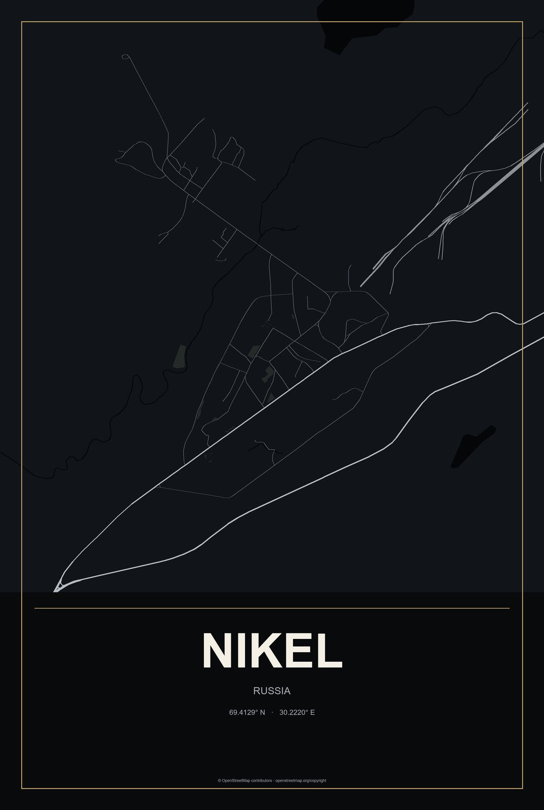 Nikel, Russia City Map Aluminum Sign in Metropolitan Noir style