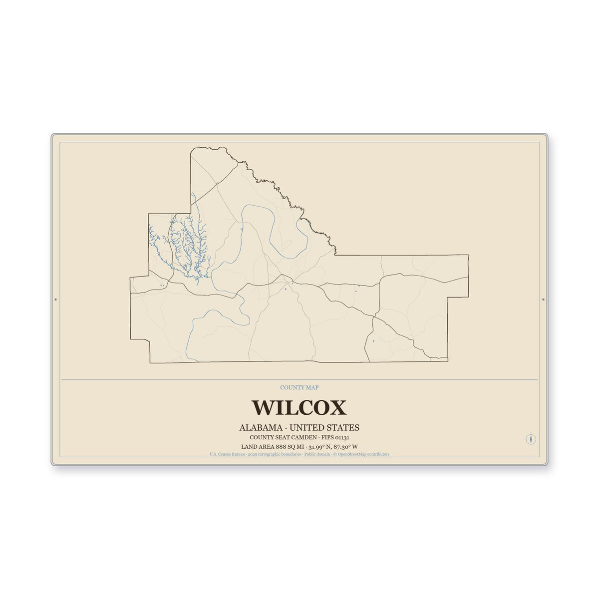 Wilcox County, Alabama Map Aluminum Sign in Heritage Nautical style