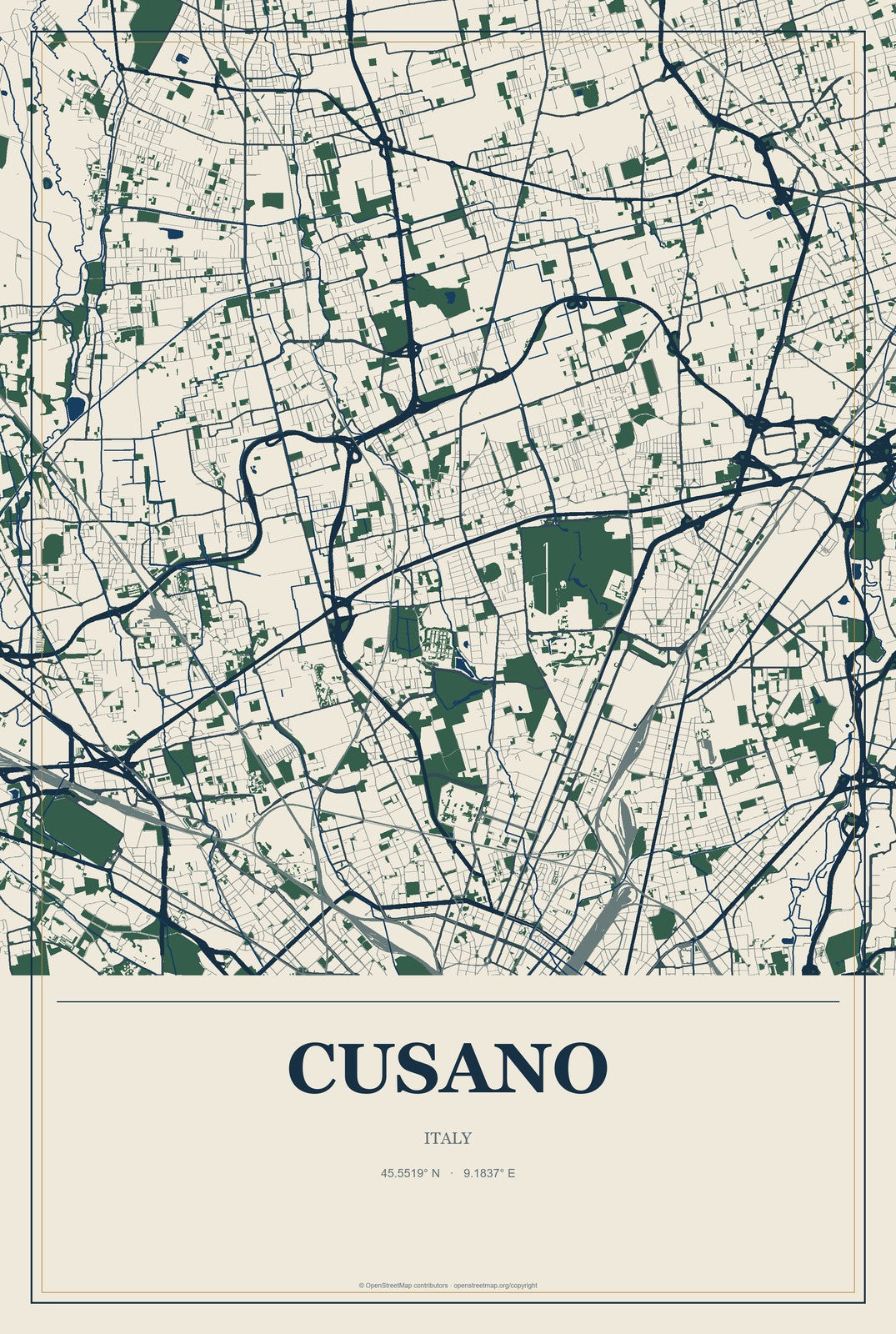 Cusano, Italy City Map Aluminum Sign in Coastal Cutout style