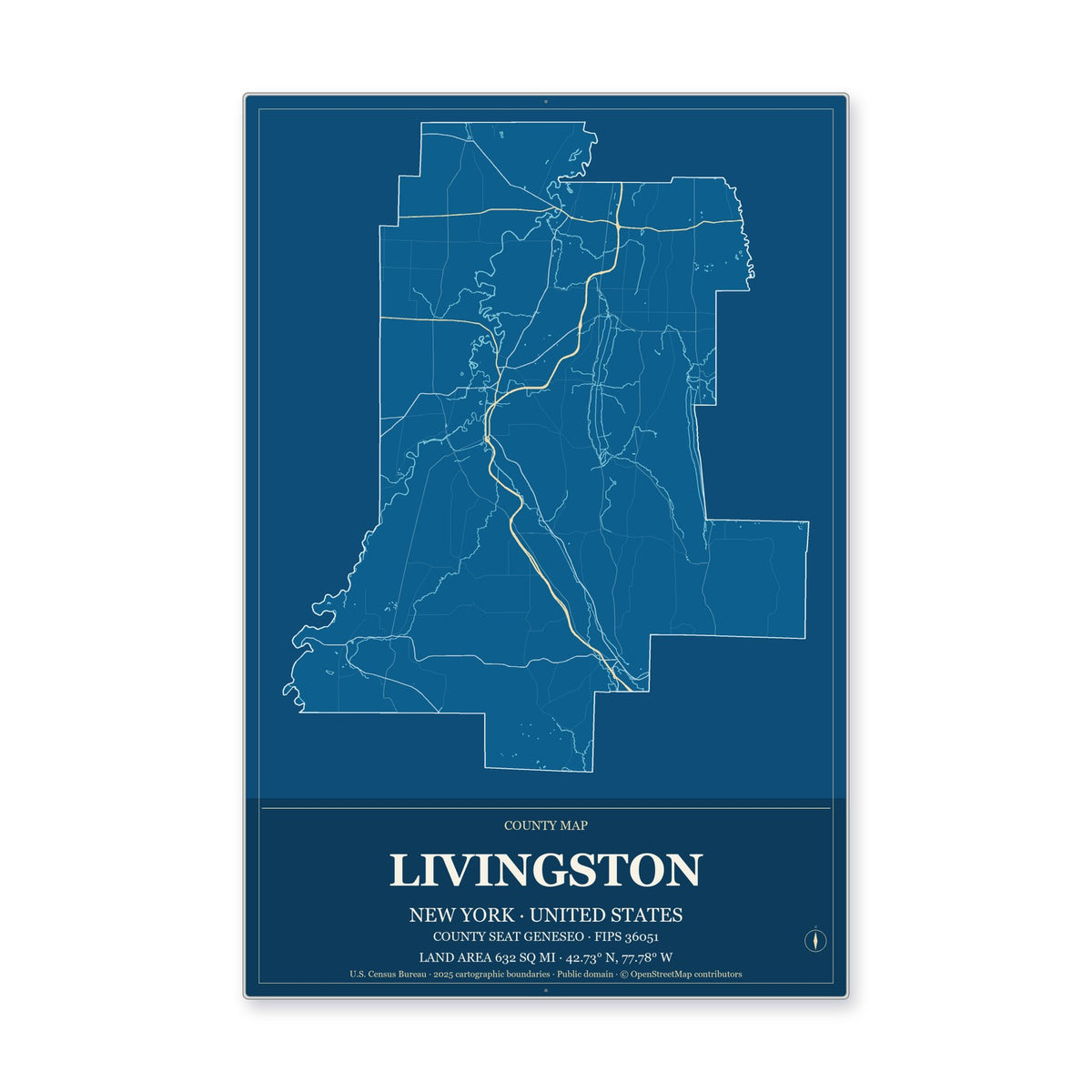 Livingston County, New York Map Aluminum Sign in Harbor Cobalt style