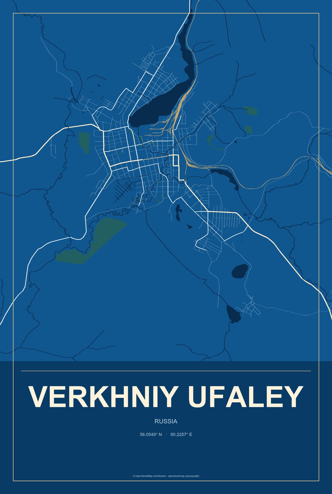 Verkhniy Ufaley, Russia City Map Aluminum Sign in Harbor Cobalt style