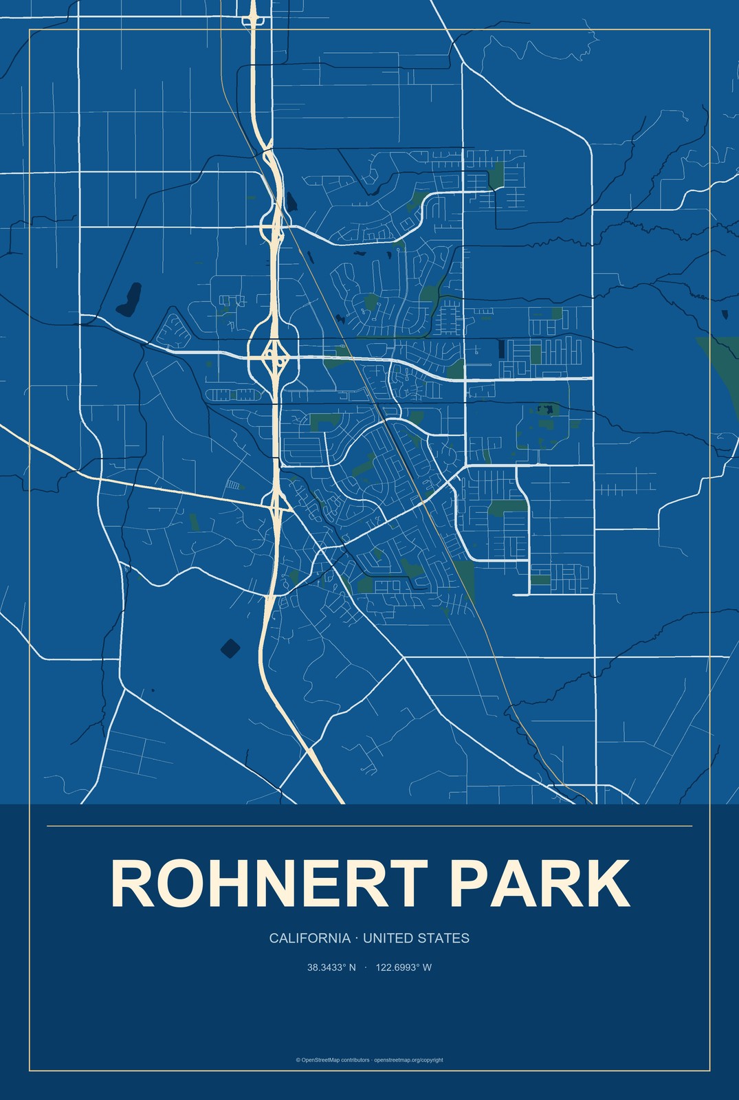 Rohnert Park, California City Map Aluminum Sign in Harbor Cobalt style