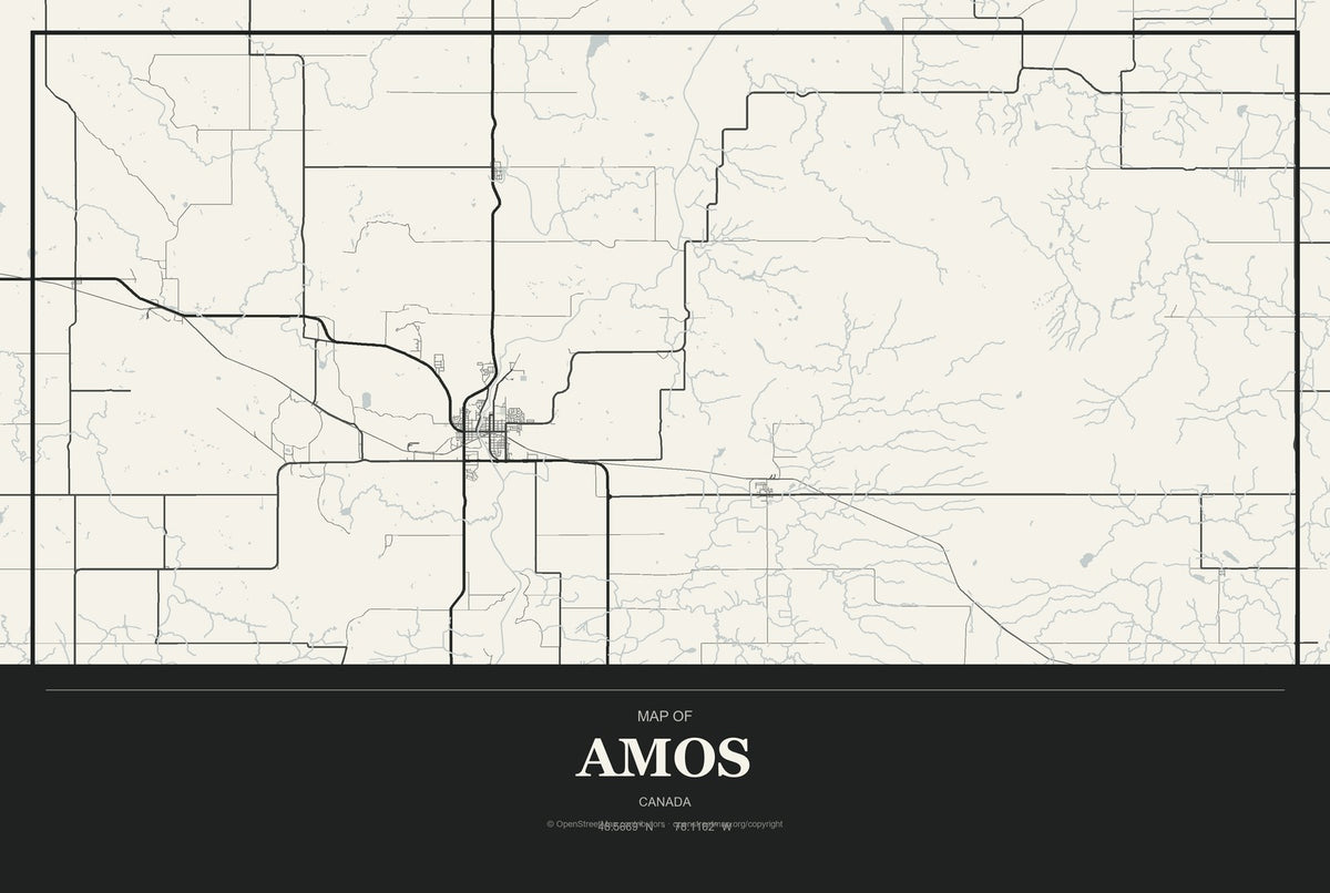 Amos, Canada City Map Aluminum Sign in Museum Plaque style