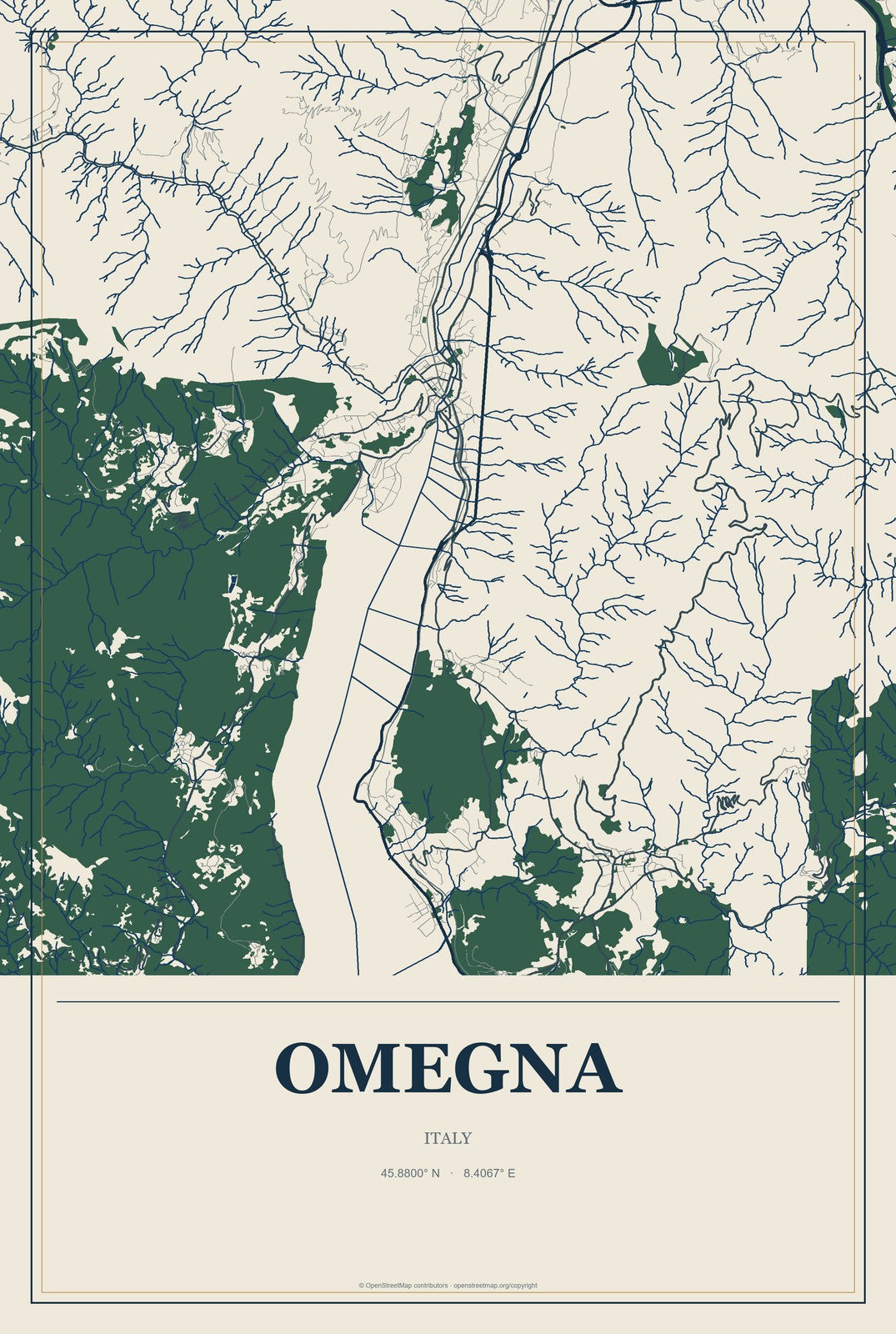 Omegna, Italy City Map Aluminum Sign in Coastal Cutout style