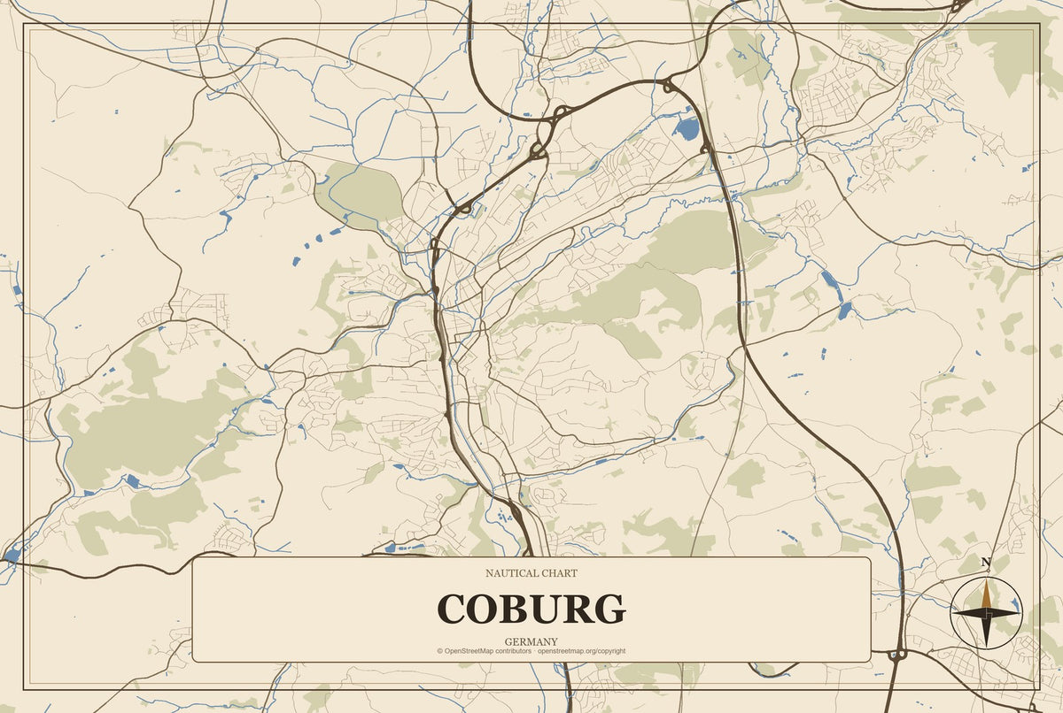 Coburg, Germany City Map Aluminum Sign in Heritage Nautical style