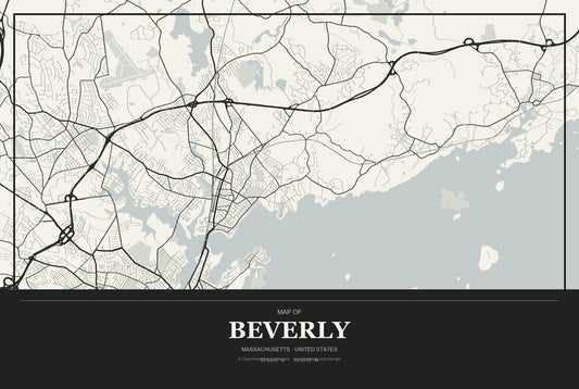 Beverly, Massachusetts City Map Aluminum Sign in Museum Plaque style