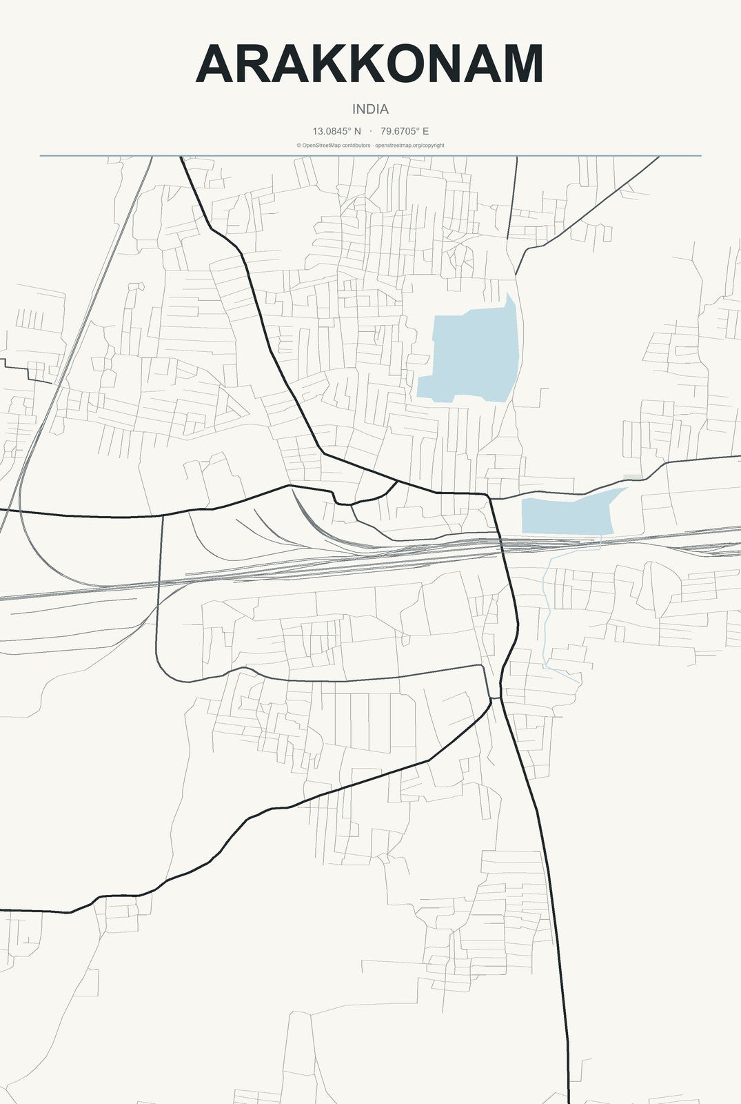 Arakkonam, India City Map Aluminum Sign in Headline Atlas style