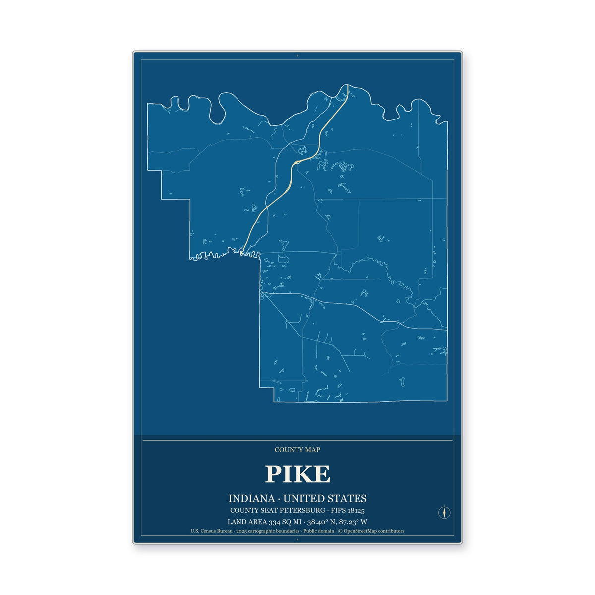 Pike County, Indiana Map Aluminum Sign in Harbor Cobalt style