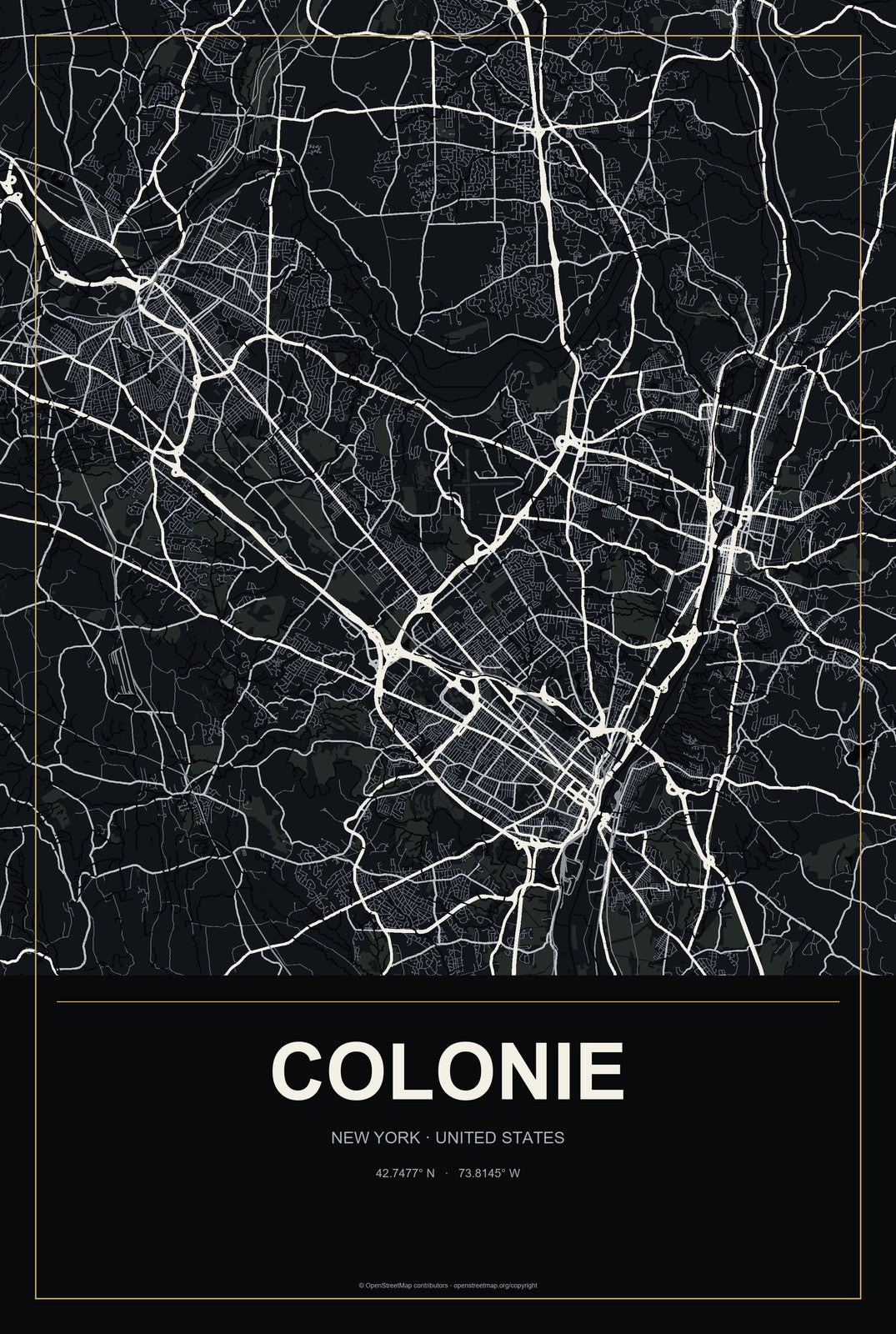 Colonie, New York City Map Aluminum Sign in Metropolitan Noir style