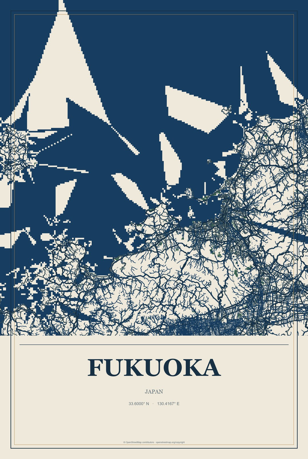 Fukuoka, Japan City Map Aluminum Sign in Coastal Cutout style