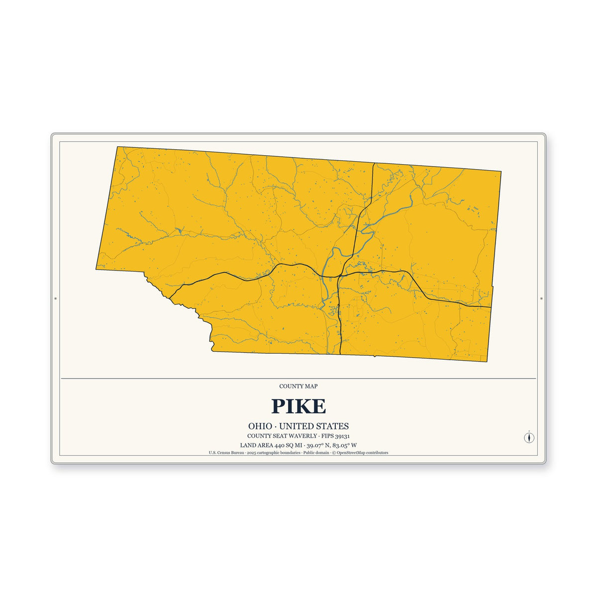 Pike County, Ohio Map Aluminum Sign in Citrine Modern style