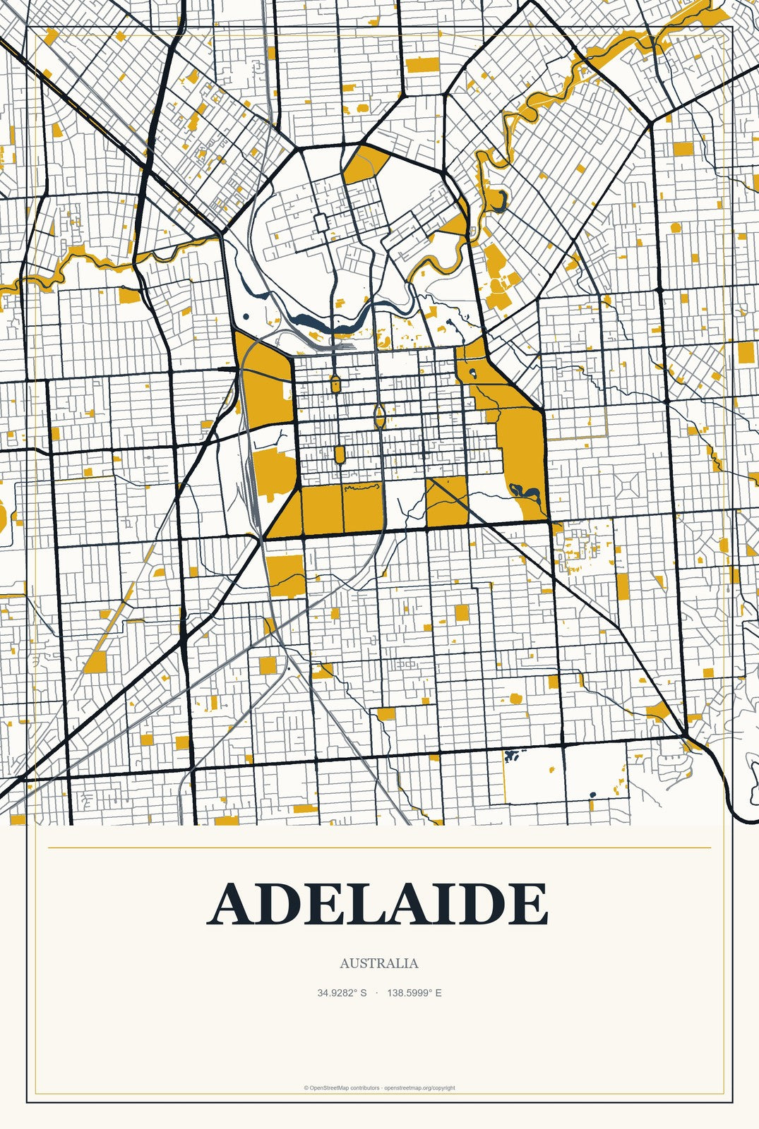 Adelaide, Australia City Map Aluminum Sign in Citrine Modern style