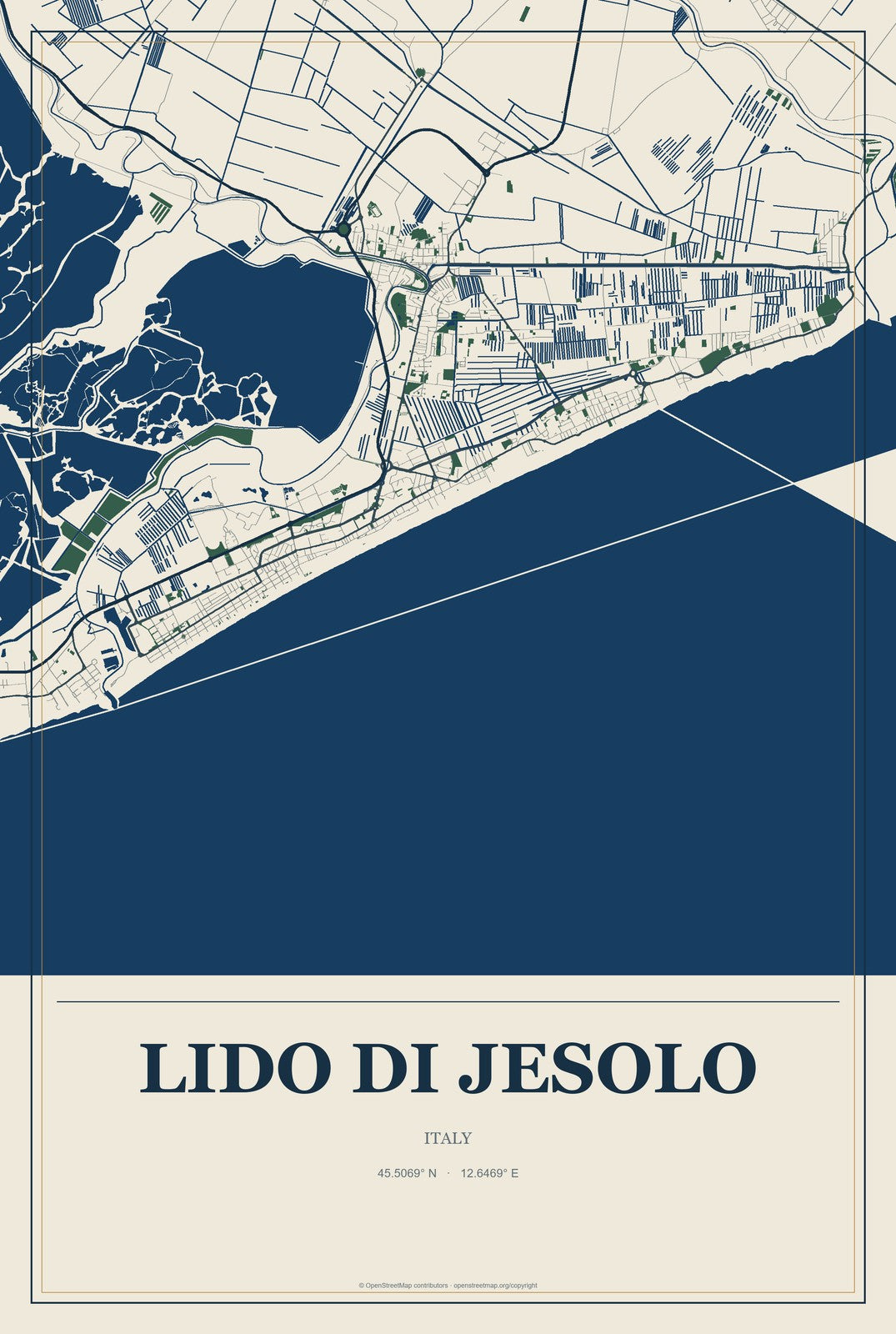 Lido di Jesolo, Italy City Map Aluminum Sign in Coastal Cutout style