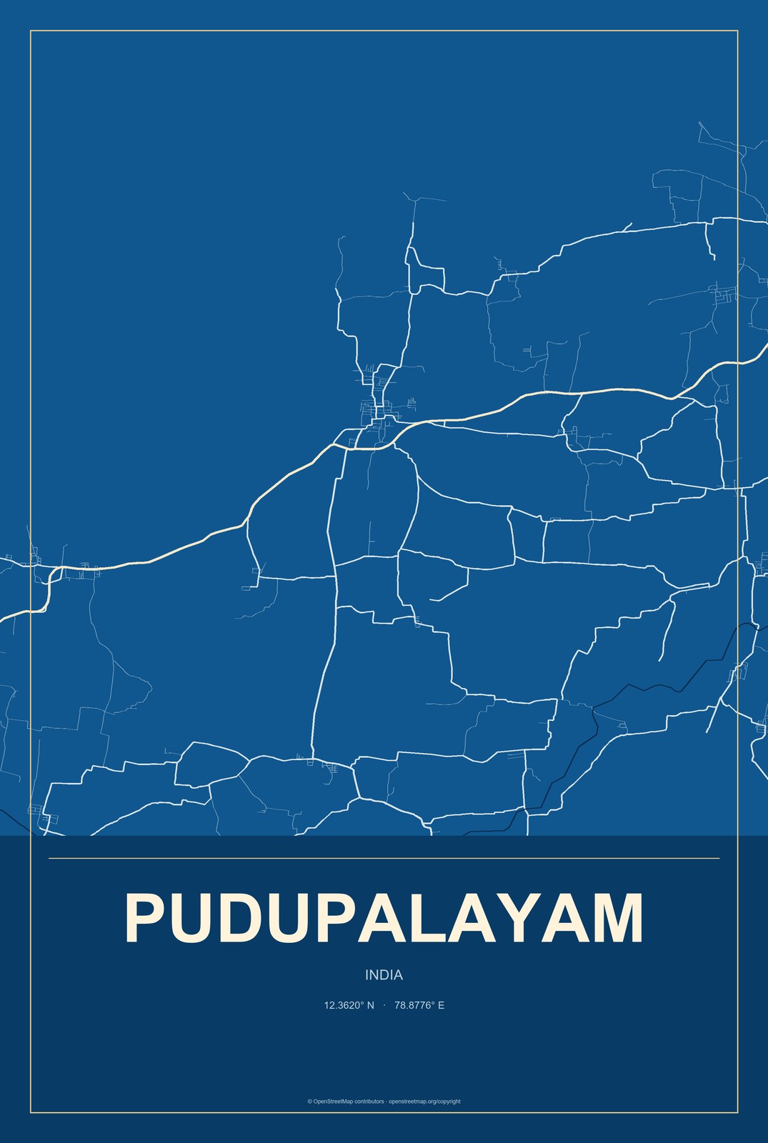 Pudupalayam, India City Map Aluminum Sign in Harbor Cobalt style